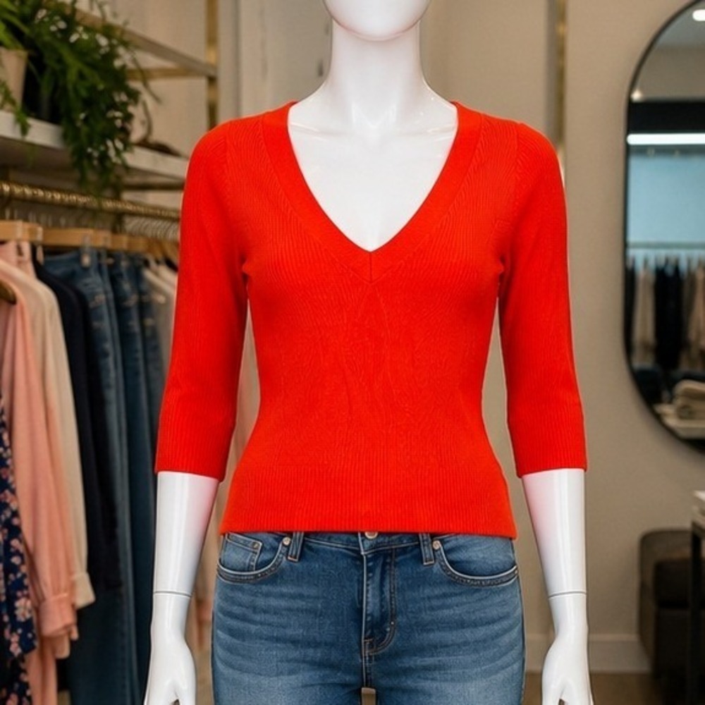 Attention Women Sweater Orange Ribbed Knit V-Neck 3/4 Sleeve XS